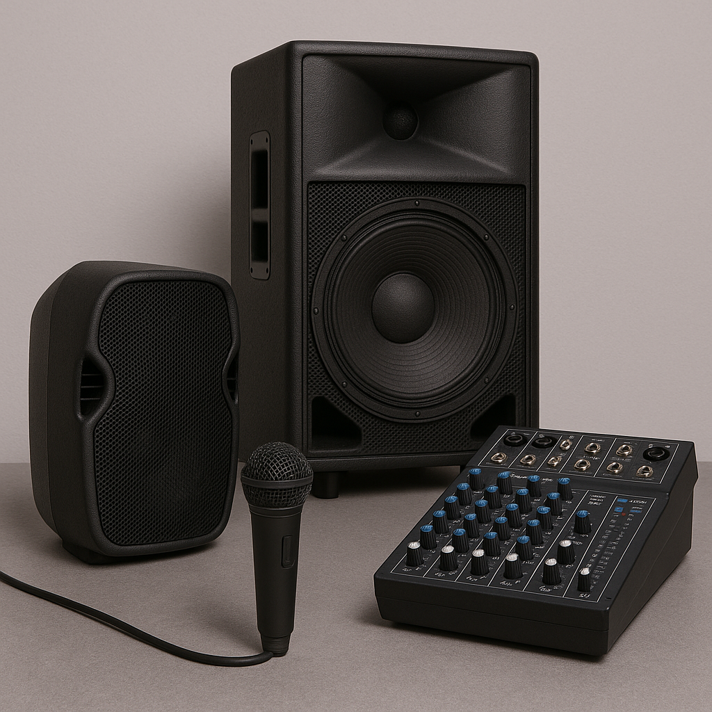 Palco com line array e iluminação cênica